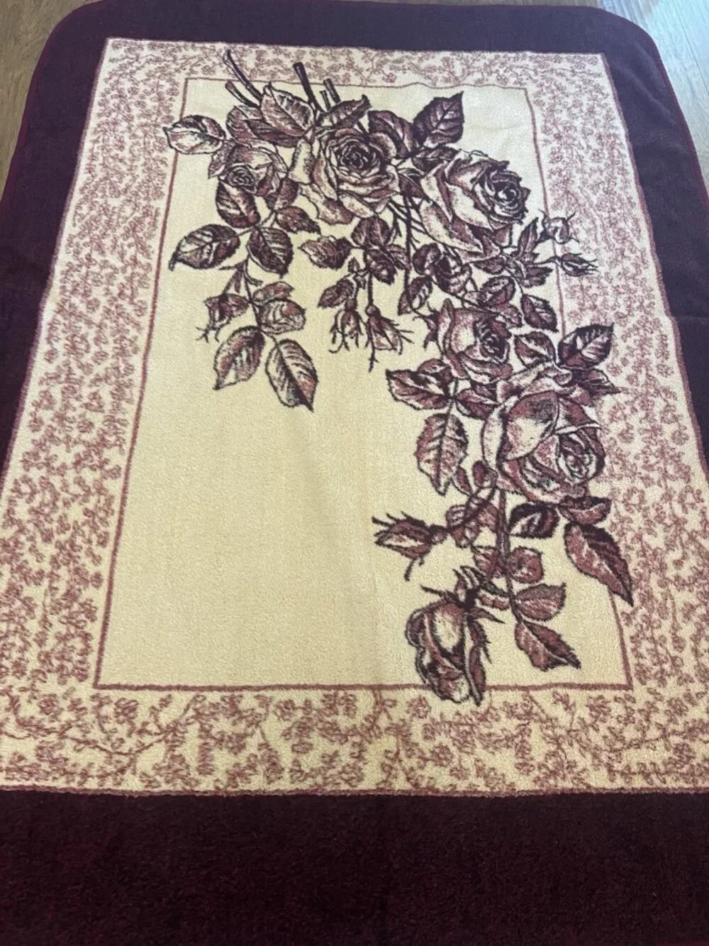 Vintage San Marcos Original Floral Rose Blanket Burgundy Acrylic Made in Mexico